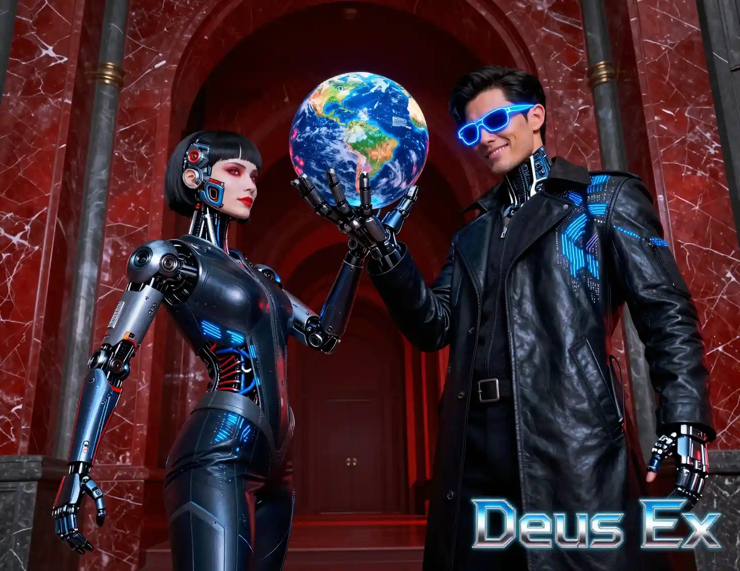 Cyborg partners posing in a futuristic red stone corridor