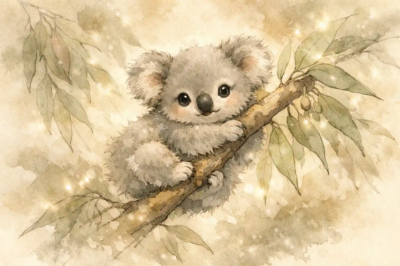 Baby-Koala klammert sich an Eukalyptuszweig in sanfter Tintenillustration