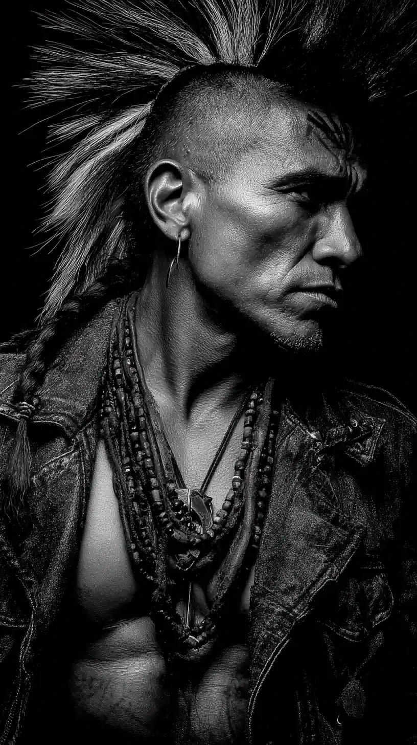 Stolzer, muskulöser Apache-Krieger im monochromen Punk-Noir-Stil