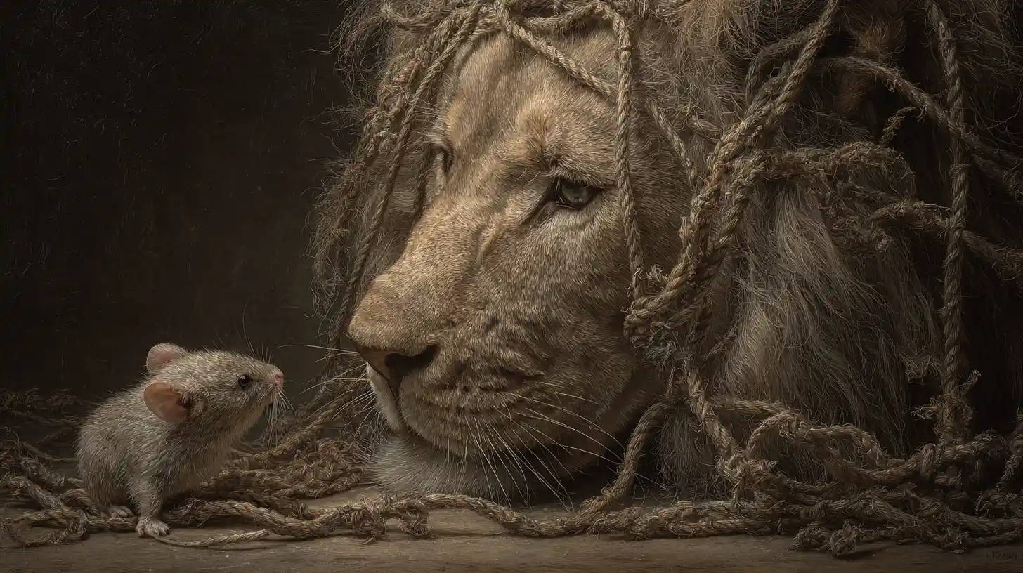 Lion Trapped In Rope Net Helped By A Small Mouse