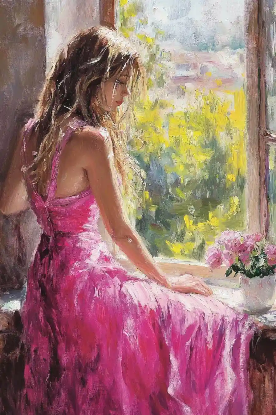 Woman in a flowing pink dress by a sunlit window
