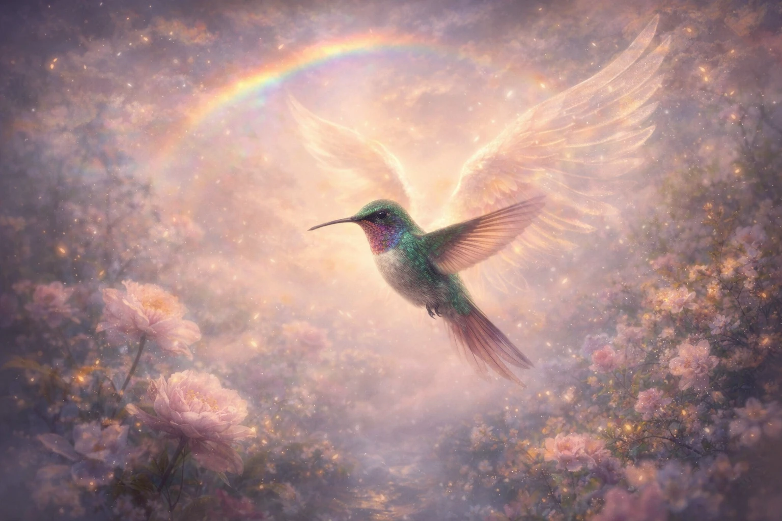 Colibrì etereo in un giardino commemorativo da sogno al crepuscolo