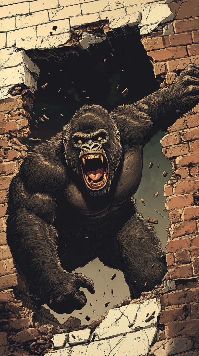 Roaring gorilla tearing through a brick wall in comic style