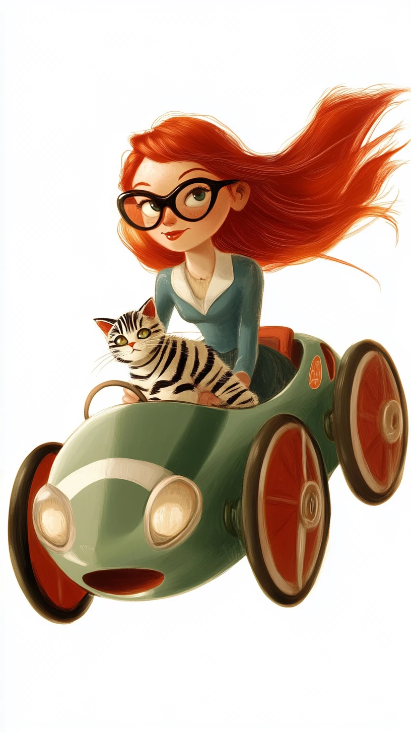 Joyful red haired girl driving a green racing car