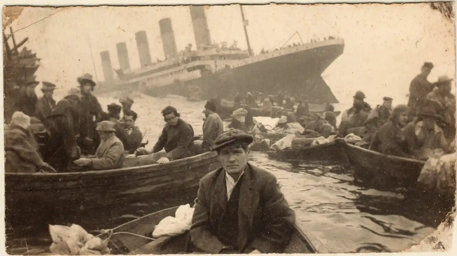 Ashamed man in lifeboat watching the Titanic sink
