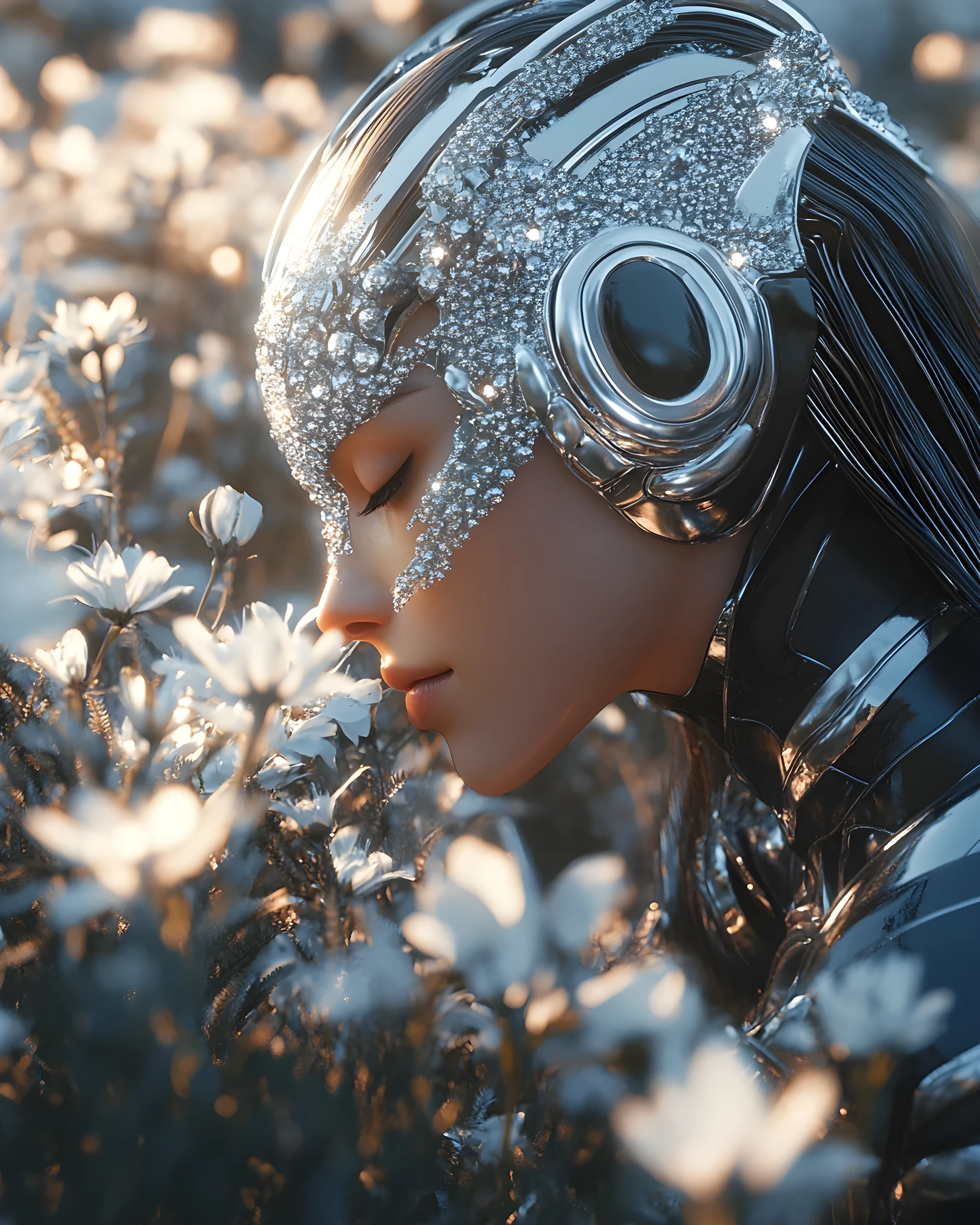 Mulher cibernética cheirando flores em um campo luminoso