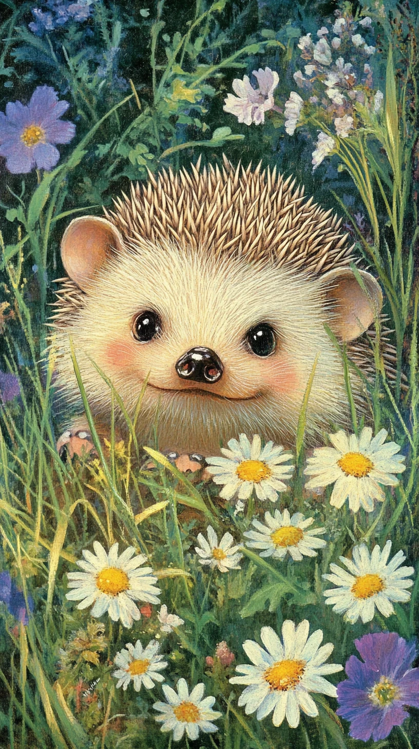 Lächelnder Cartoon-Igel, der sich im hohen Sommergras versteckt