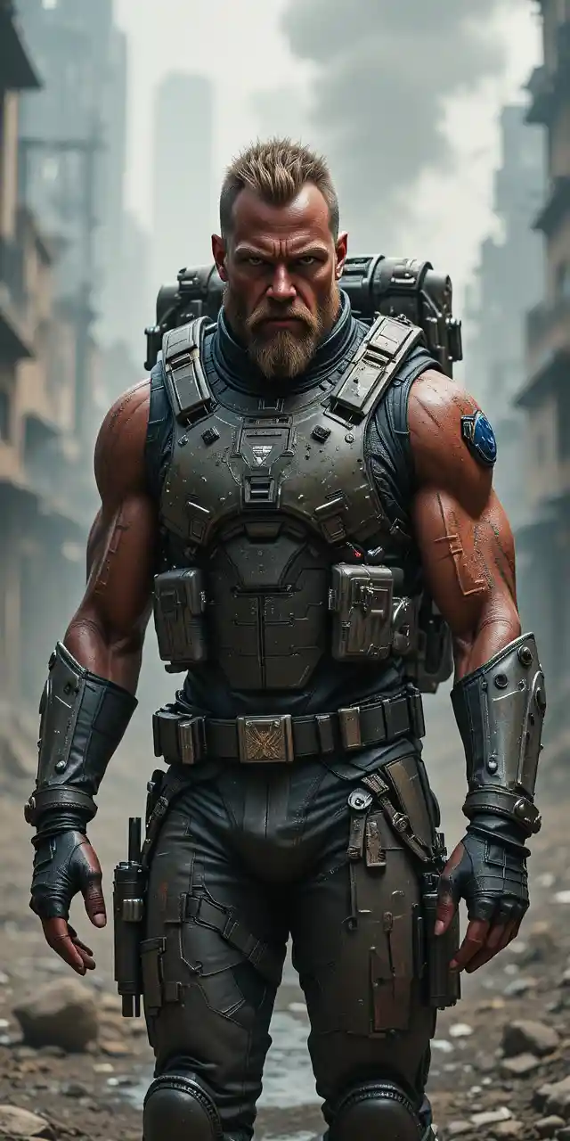 Futuristic armored red skinned man in a smoky city