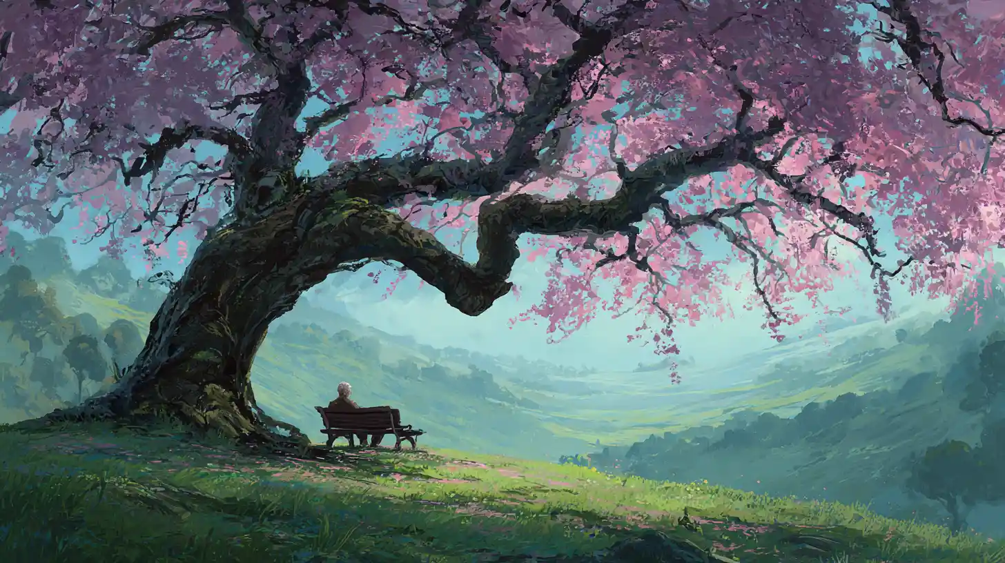 Elderly man on park bench beneath a blossoming tree