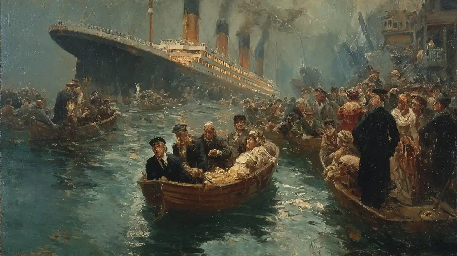 Sinking ocean liner seen from crowded lifeboat at night