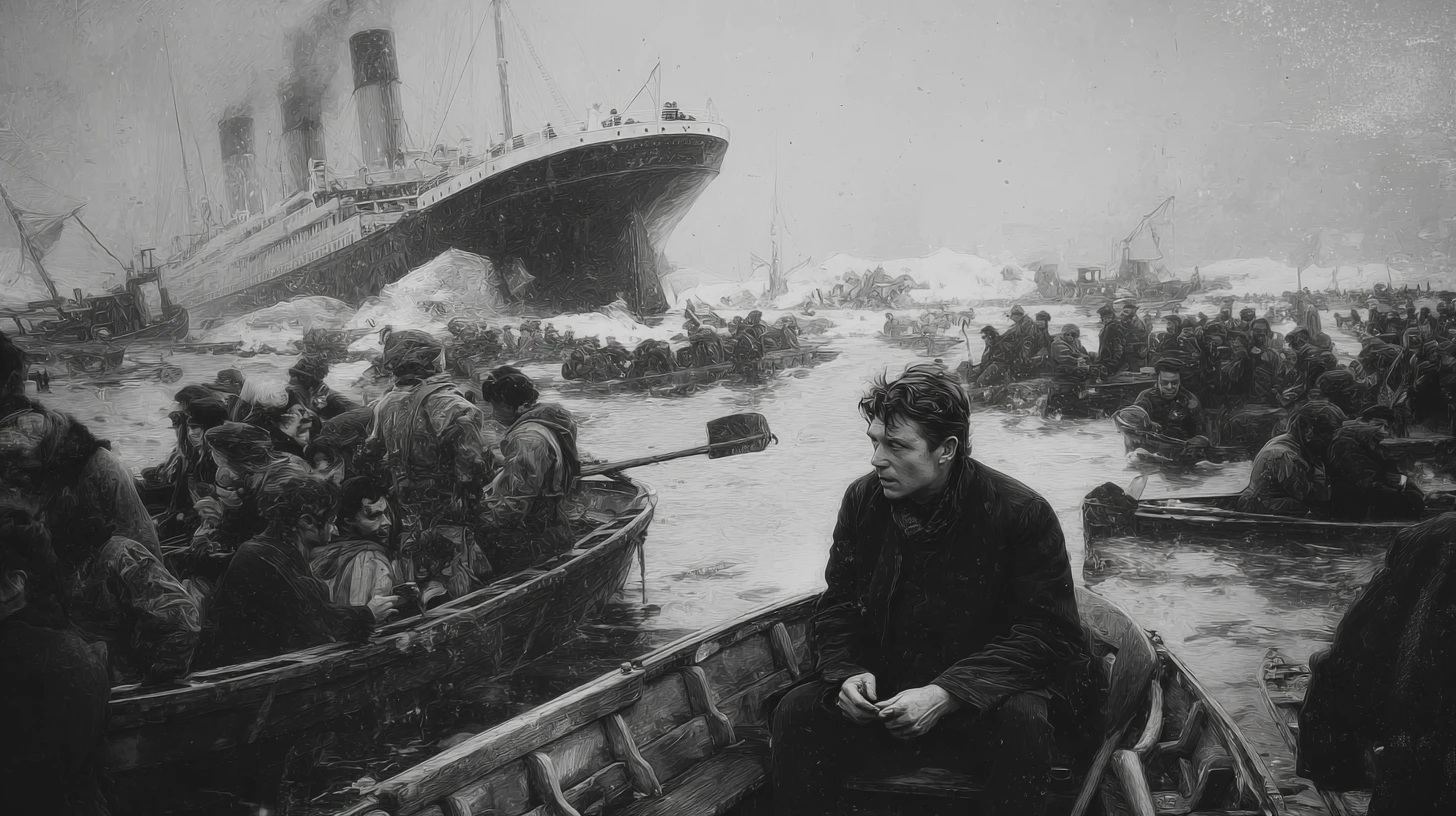 Ashamed man in lifeboat watching a great ship sink