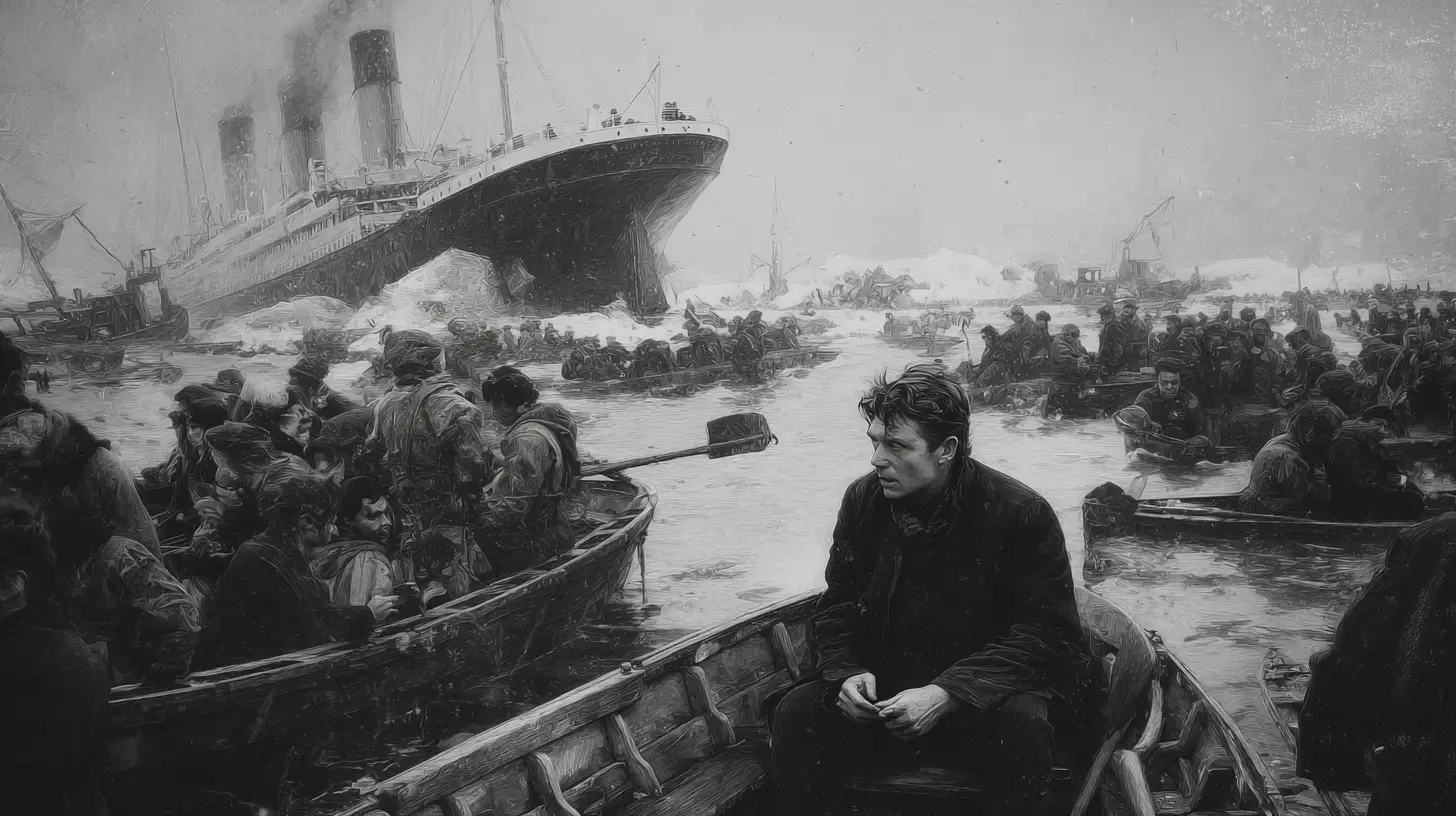 Uomo vergognoso su una scialuppa guarda una grande nave che affonda