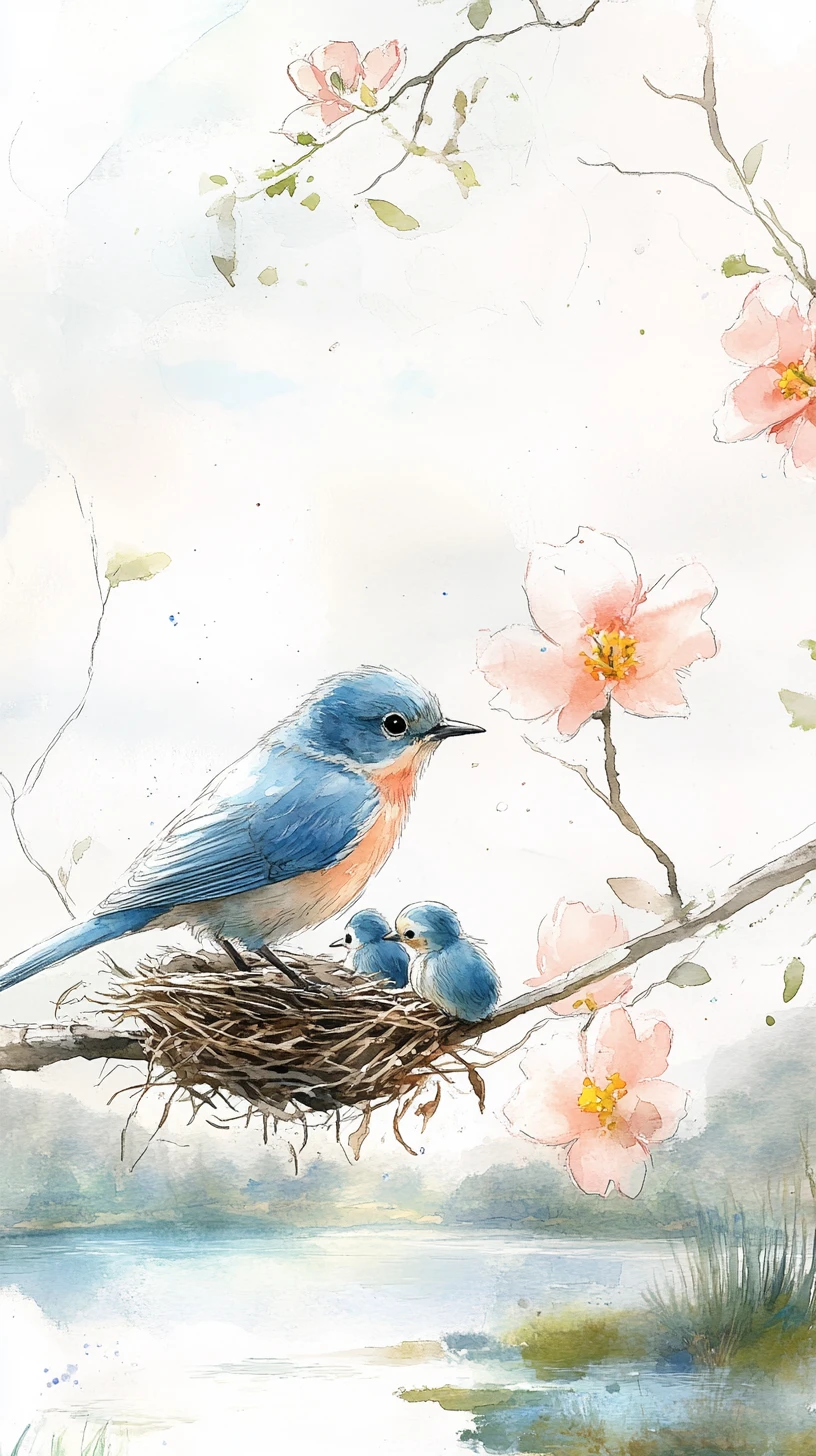 Watercolor bluebird feeding chicks in a nest by a pond