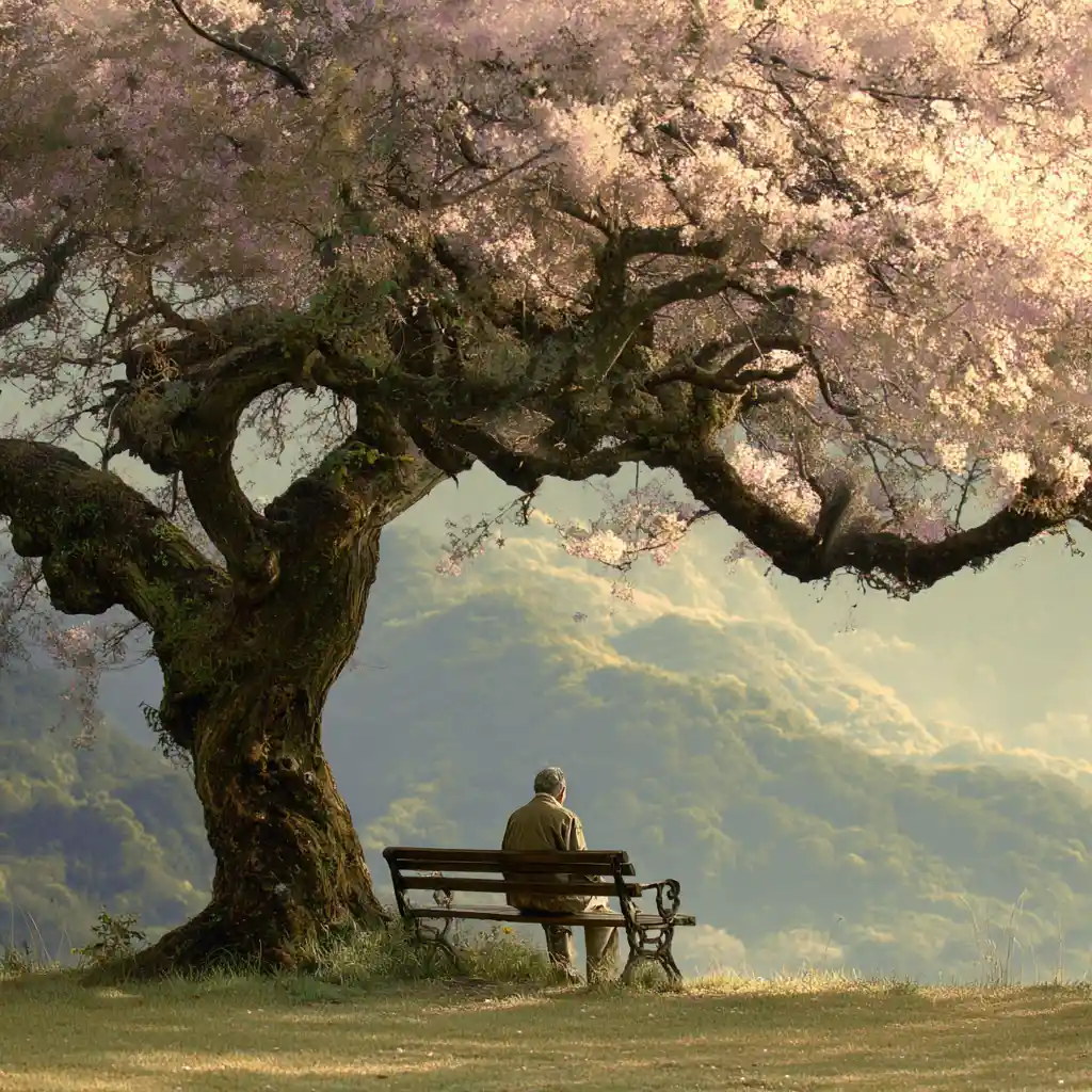 Anziano su panchina nel parco sotto un albero in fiore