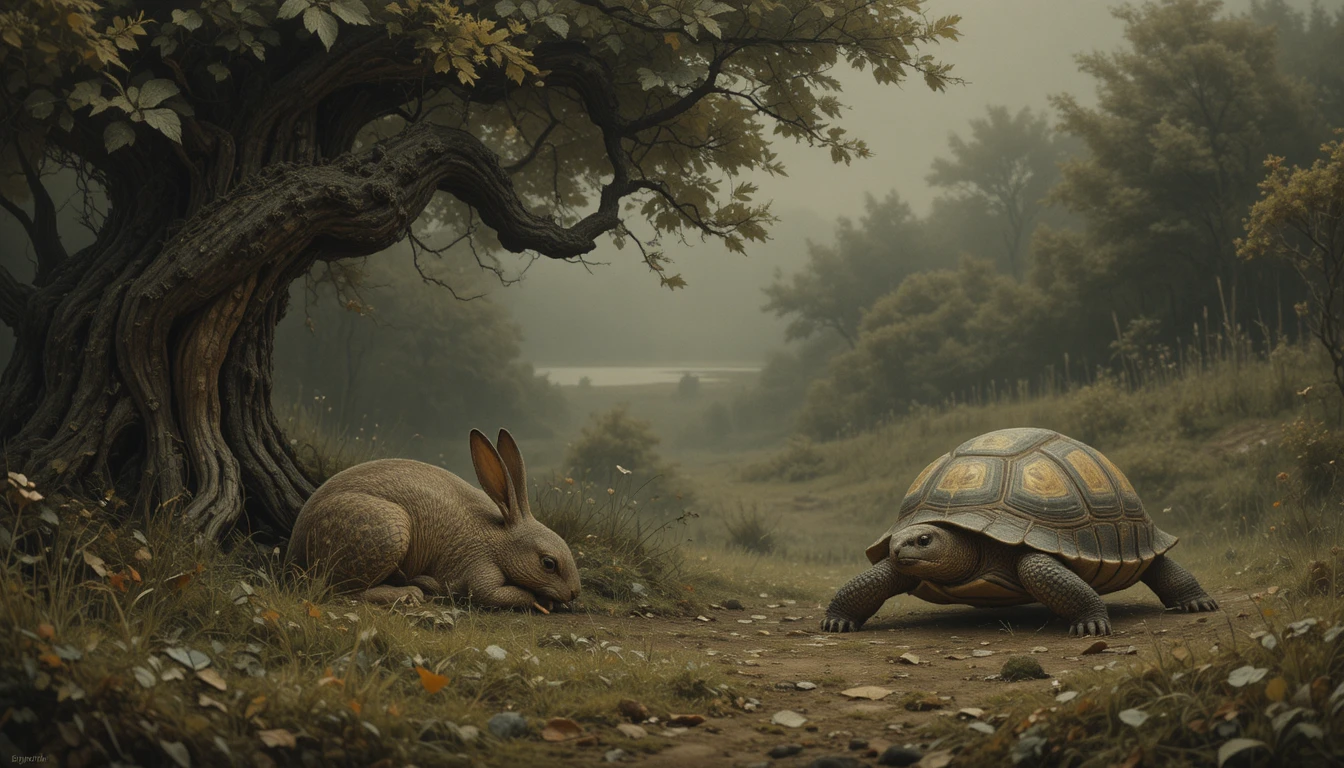 Tortoise Passing Sleeping Hare In Fable Forest Scene