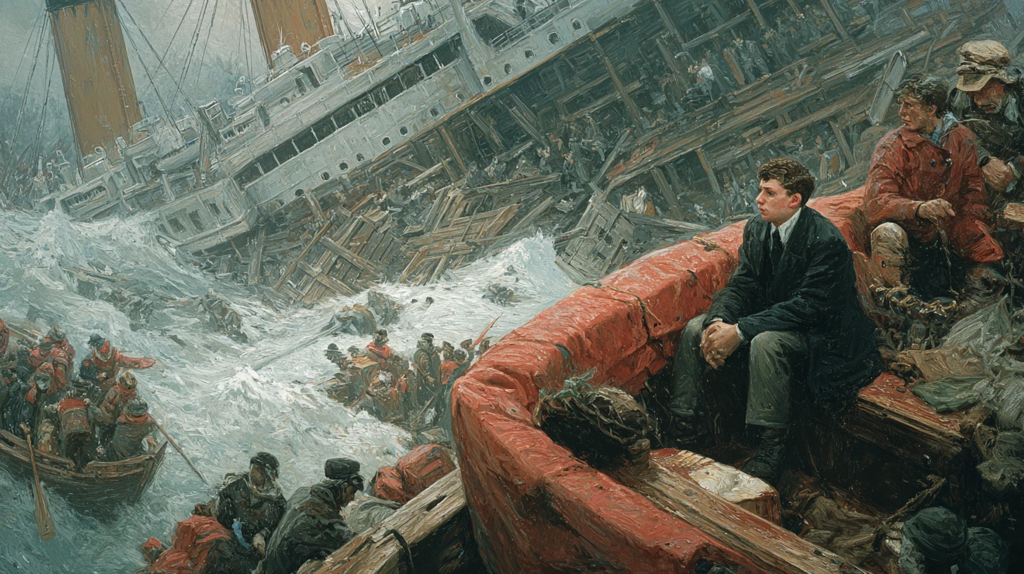 Transatlântico afundando visto de um bote salva-vidas lotado em alto-mar