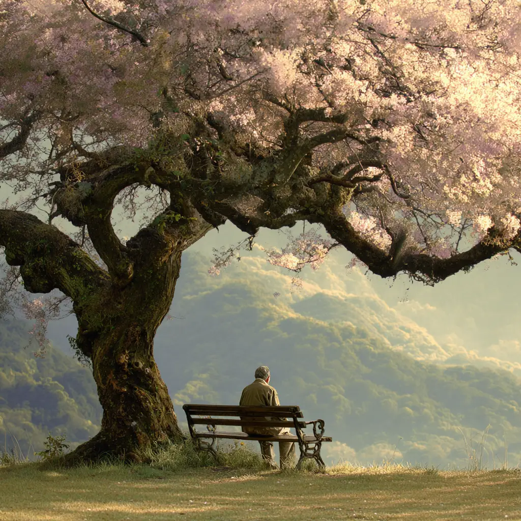 Elderly man on park bench beneath blossoming tree