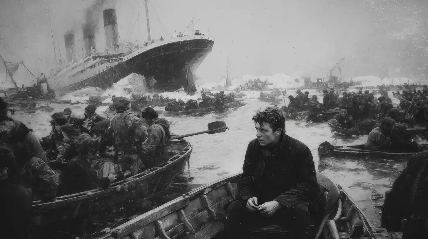 Uomo vergognoso su una scialuppa guarda una grande nave che affonda