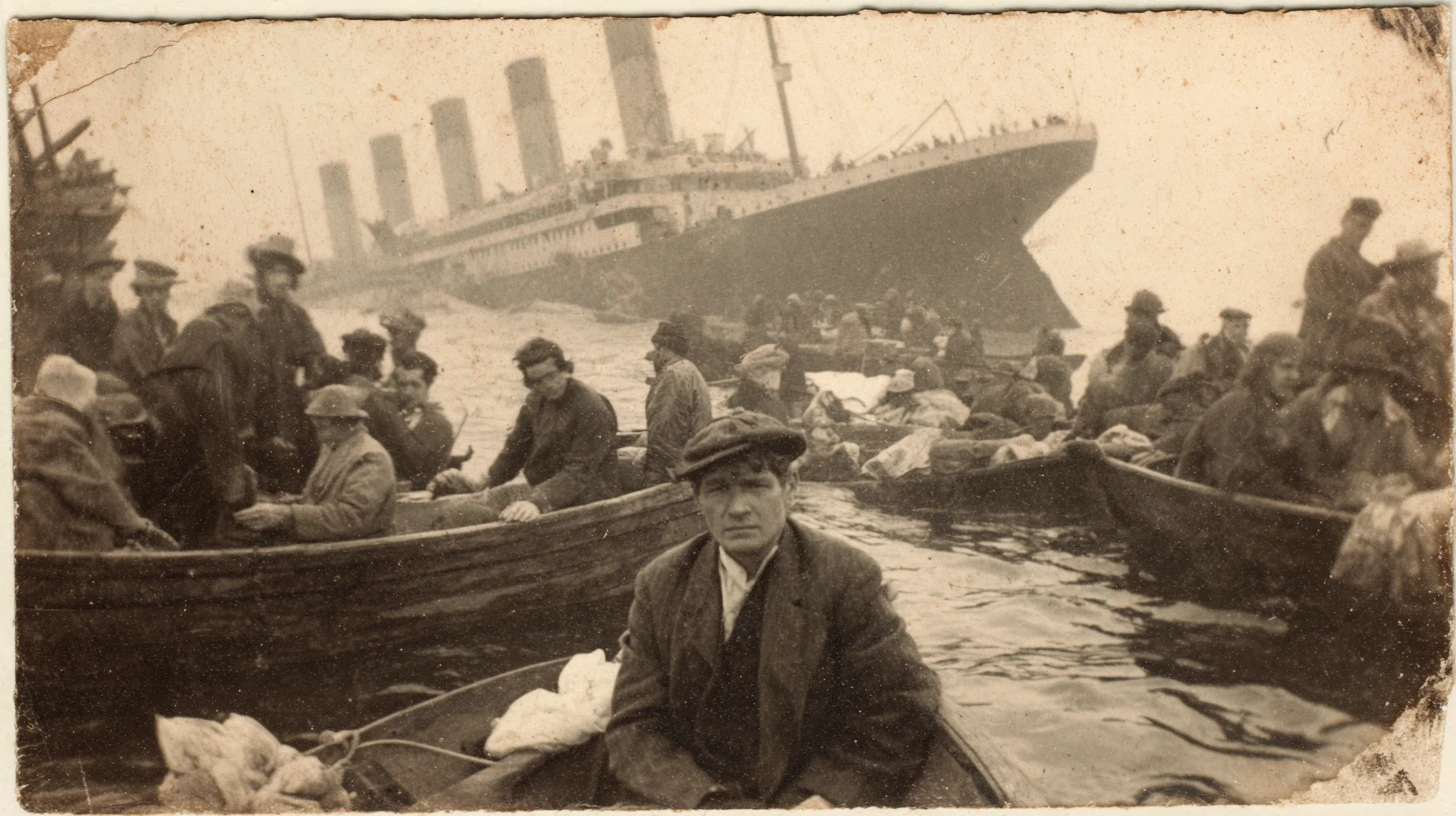 Ashamed man in lifeboat watching the Titanic sink