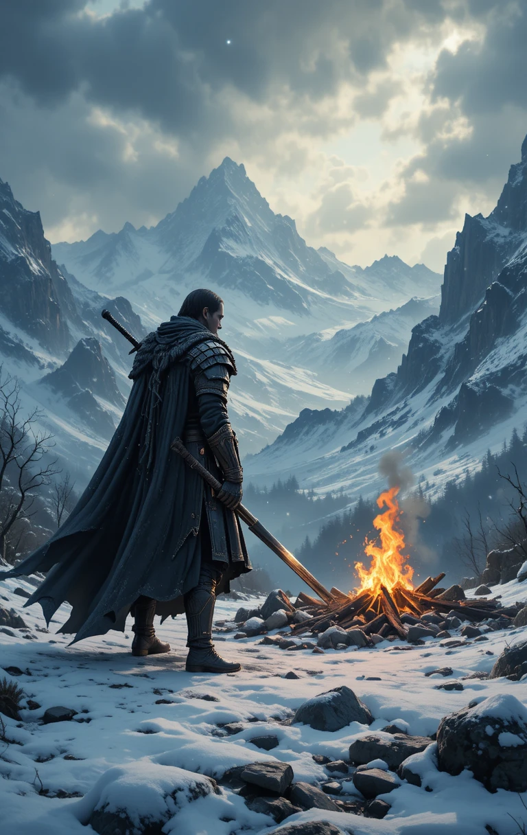 Lone armored warrior by a campfire in snowy mountains
