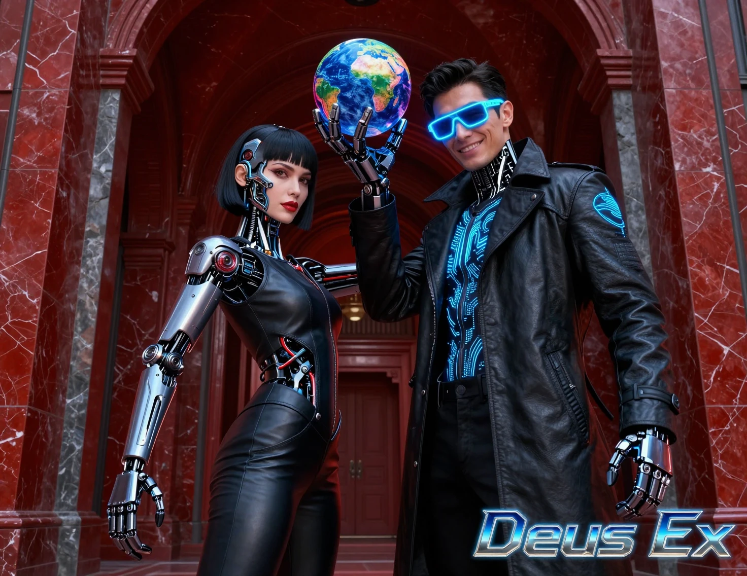Augmented cyborg woman and bionic man in neon corridor