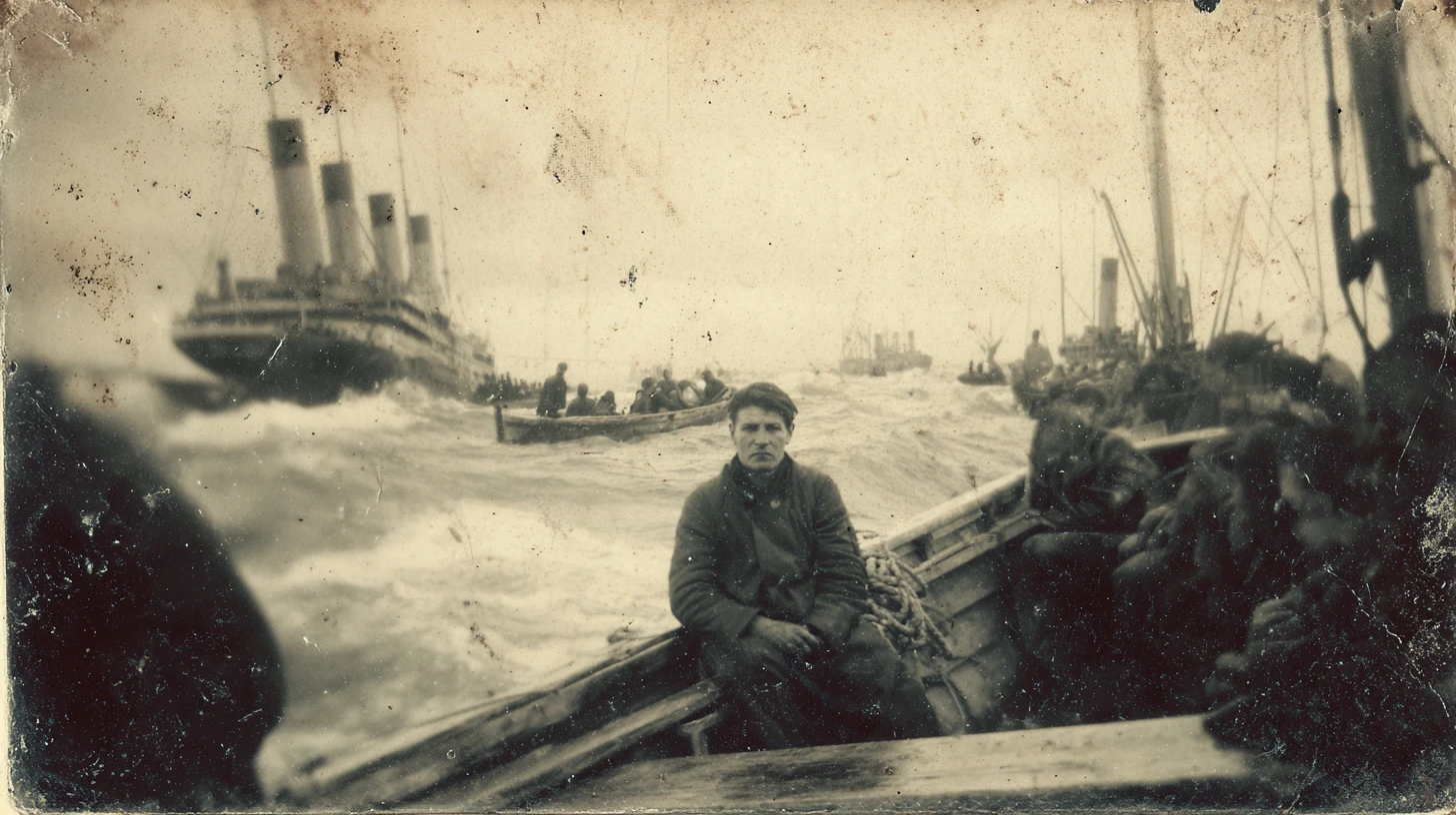 Ashamed man in crowded lifeboat watching a ship sink