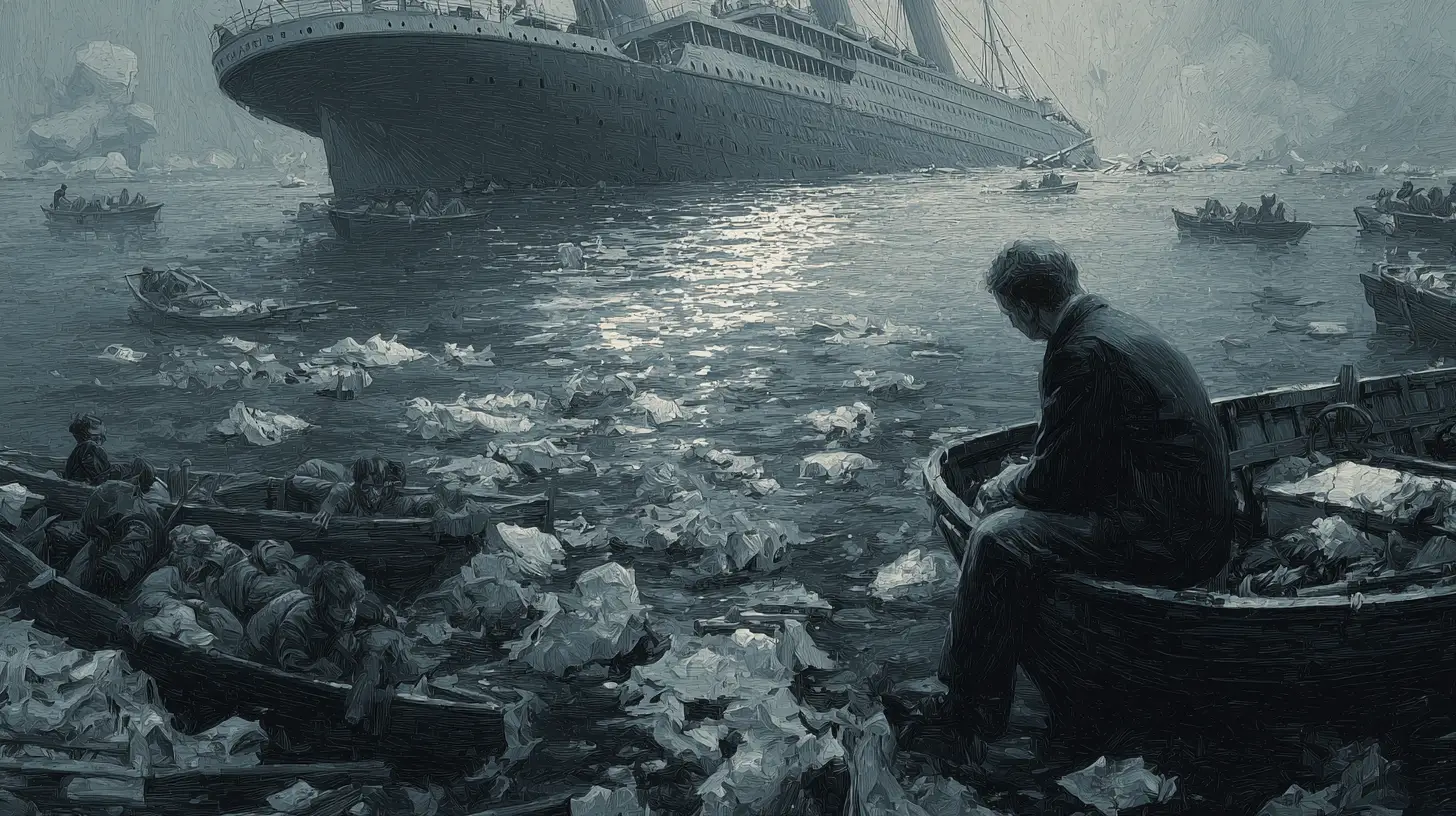 Scialuppe di salvataggio osservano un grande transatlantico affondare nella notte
