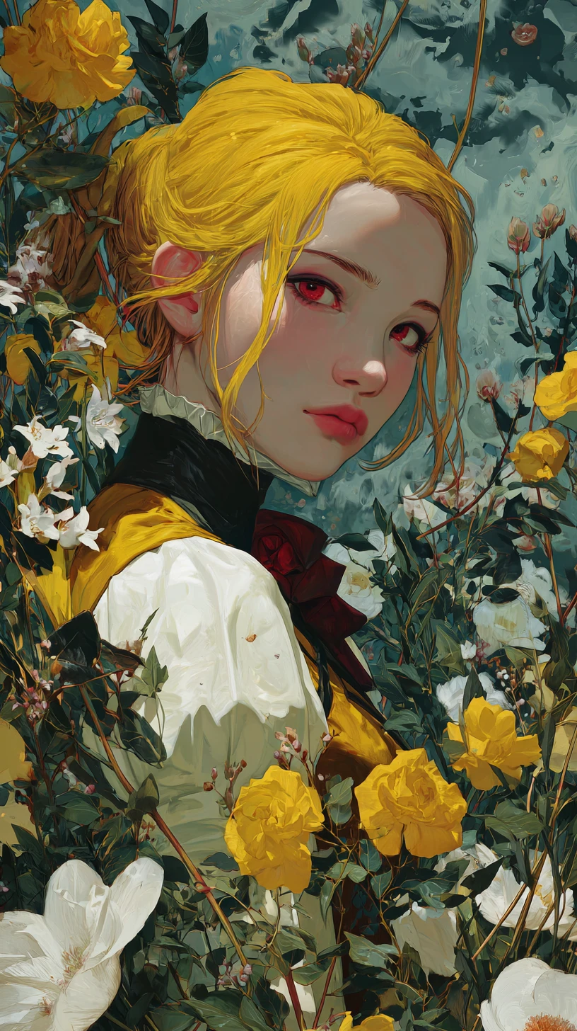 Blonde girl with red eyes in a rainy flower landscape