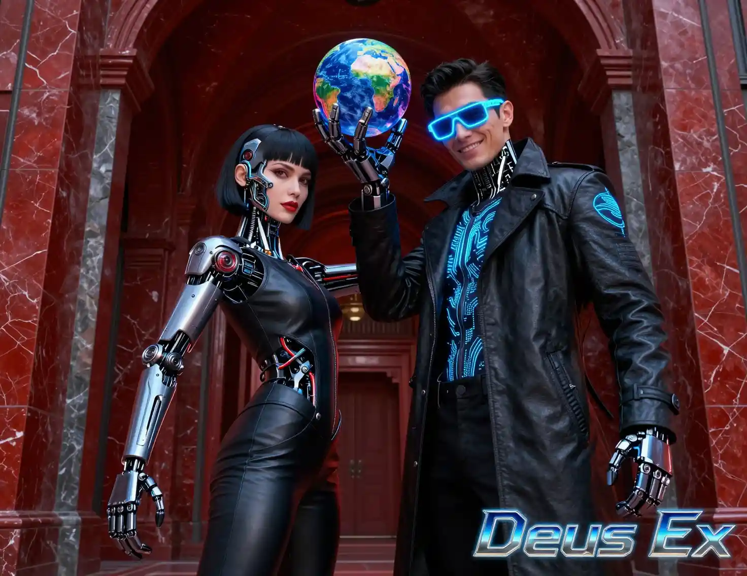 Augmented cyborg woman and bionic man in neon corridor