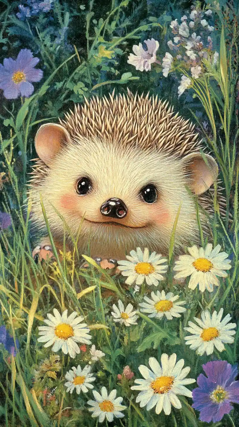 Smiling cartoon hedgehog hiding in tall summer grass