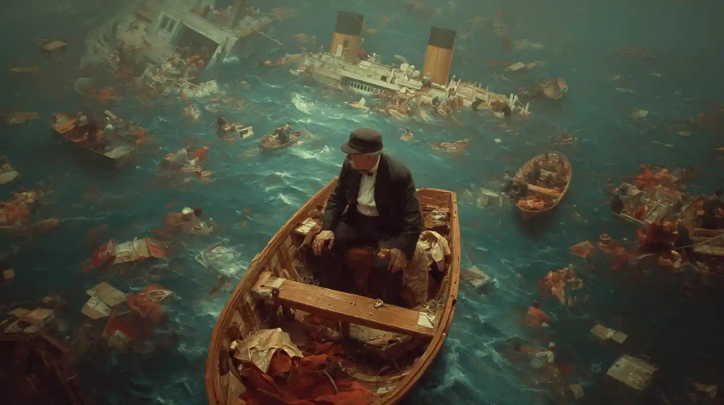 Sinking ocean liner viewed from a crowded lifeboat