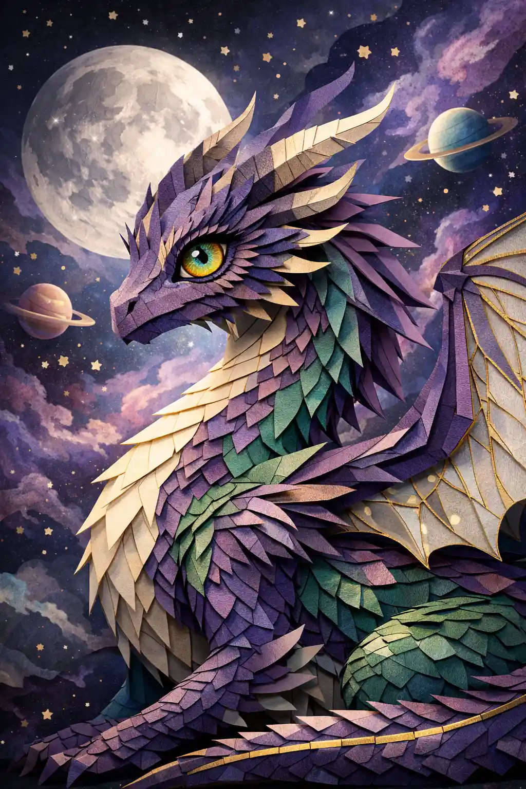 Majestätischer Papercraft-Drache im kosmischen Raum gerendert