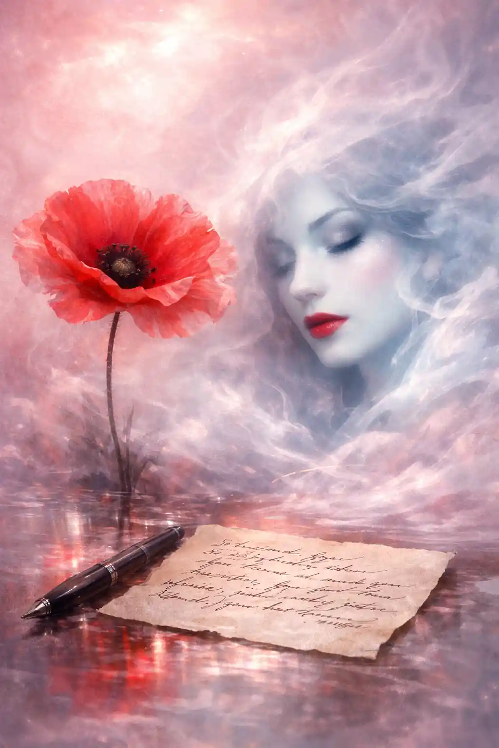 Ethereal woman and red poppy above a reflective surface