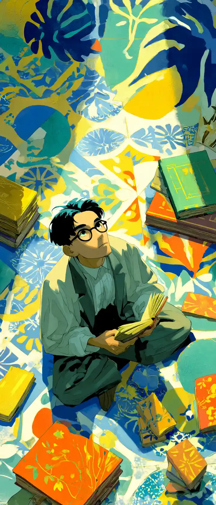 Thoughtful anime scholar among giant floating paper books