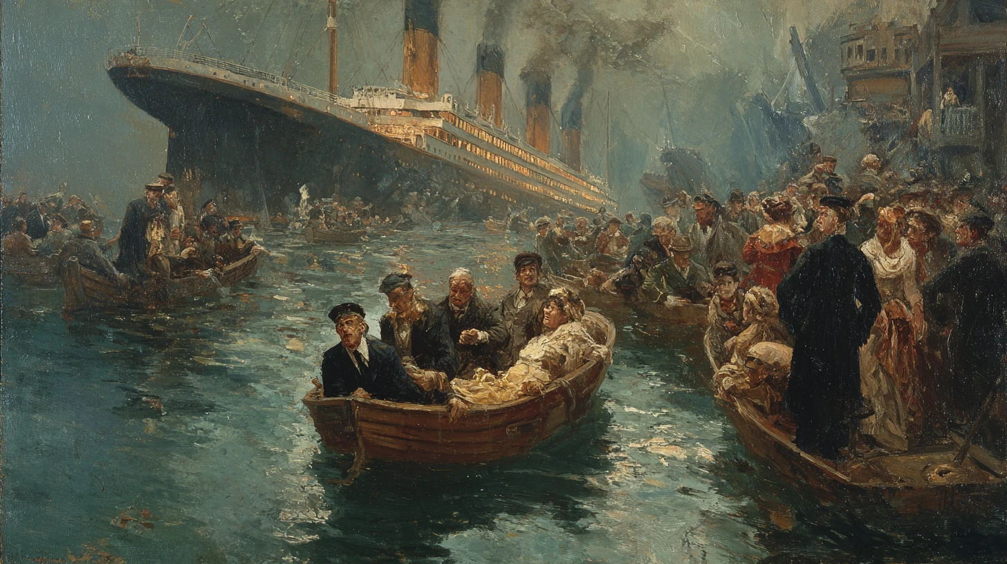 Transatlântico afundando visto de um bote salva‑vidas lotado à noite