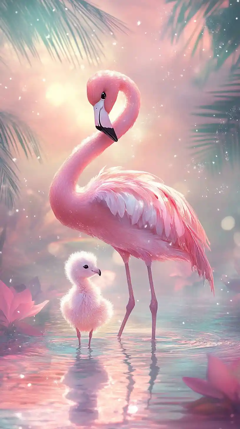 Surreal flamingo mother shielding her chick in soft lagoon