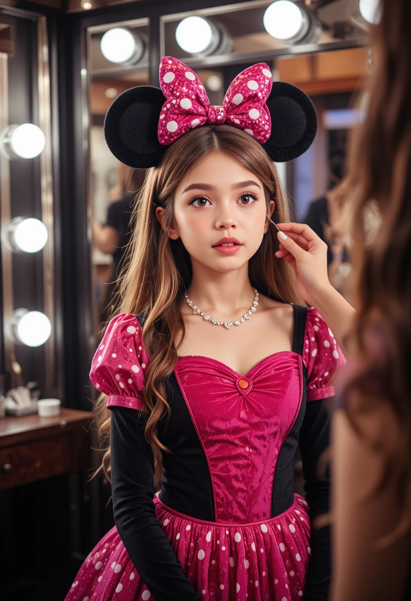 Ragazzo con vestito di Minnie trasformato davanti allo specchio trucco