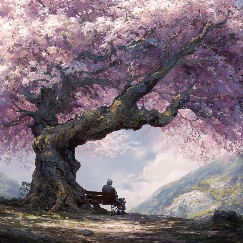 Anziano su panchina del parco sotto un albero in fiore primaverile