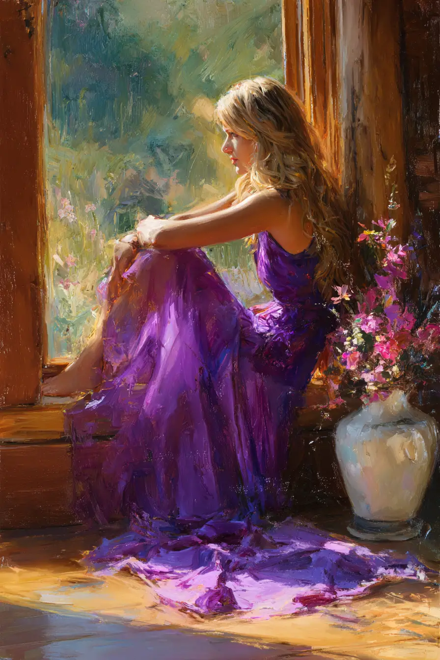 Young woman in violet dress gazing out sunlit window