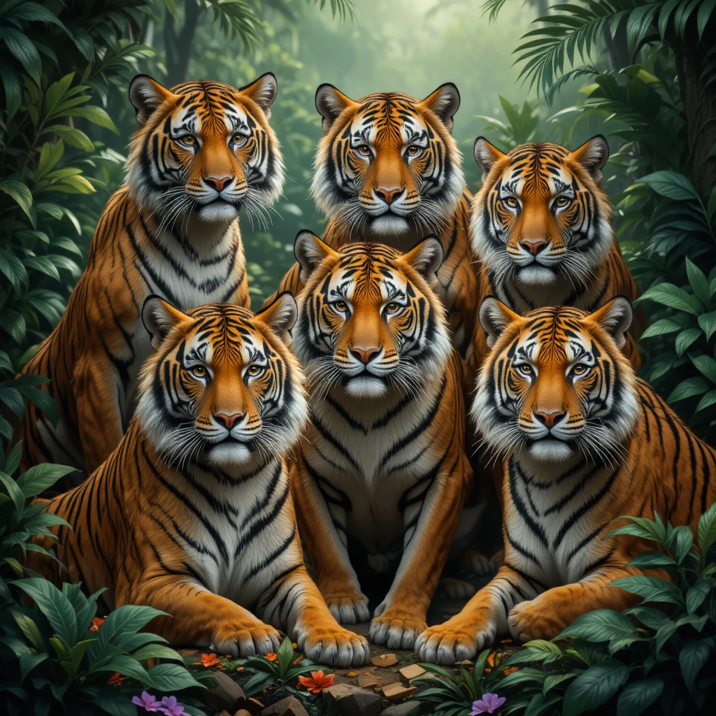 Majestic tigers gathered in a lush green jungle scene