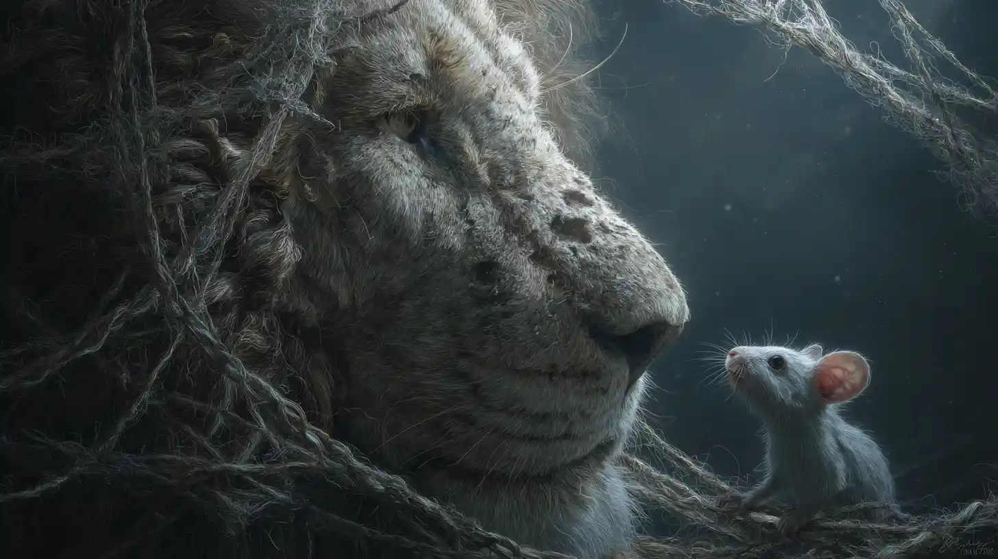 Lion Trapped In Net Helped By Small Mouse In Forest