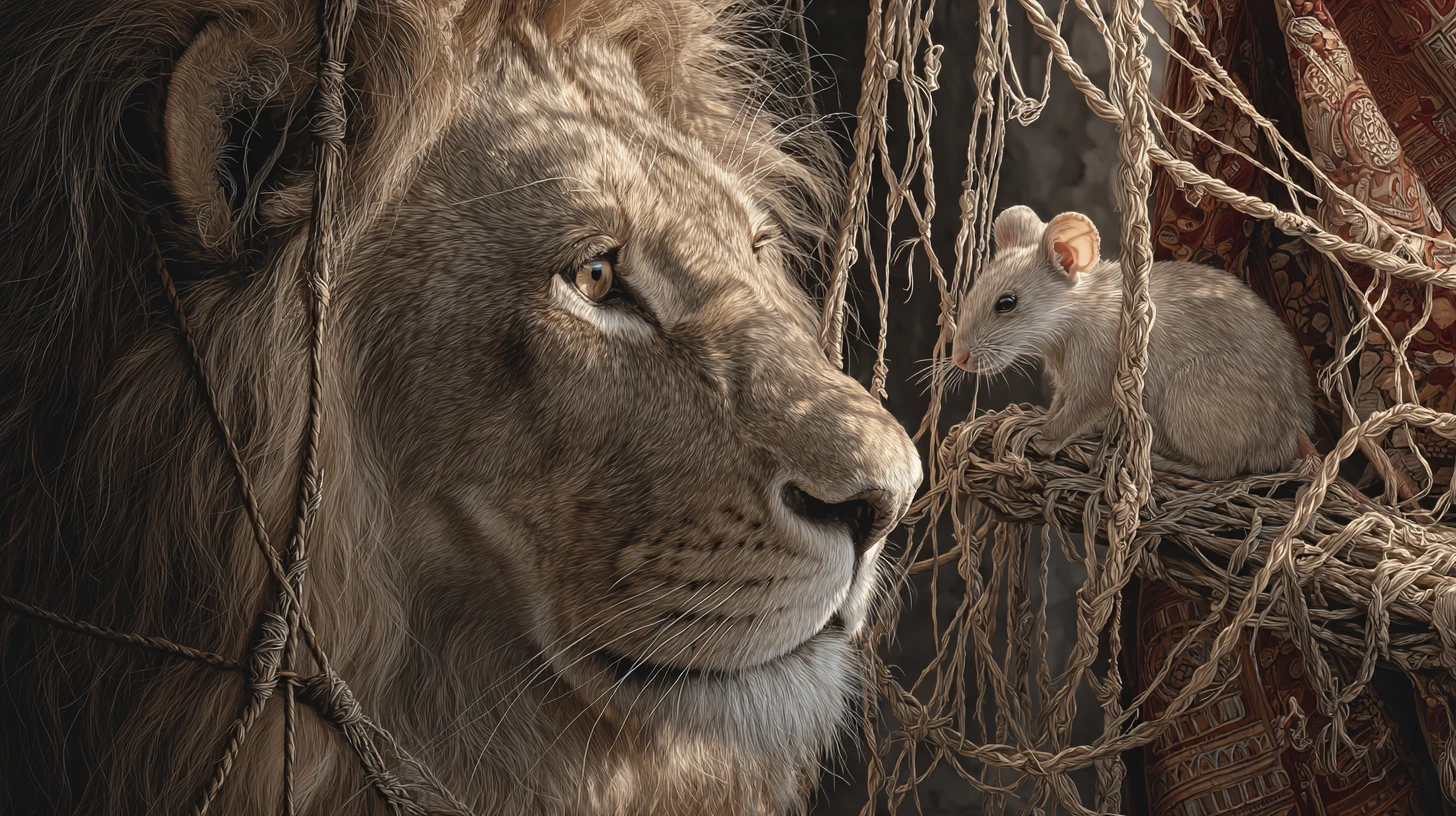 Lion And Mouse Fable Scene With Rope Trap Rescue