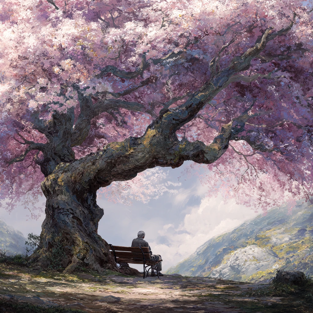 Elderly man on park bench beneath blossoming spring tree