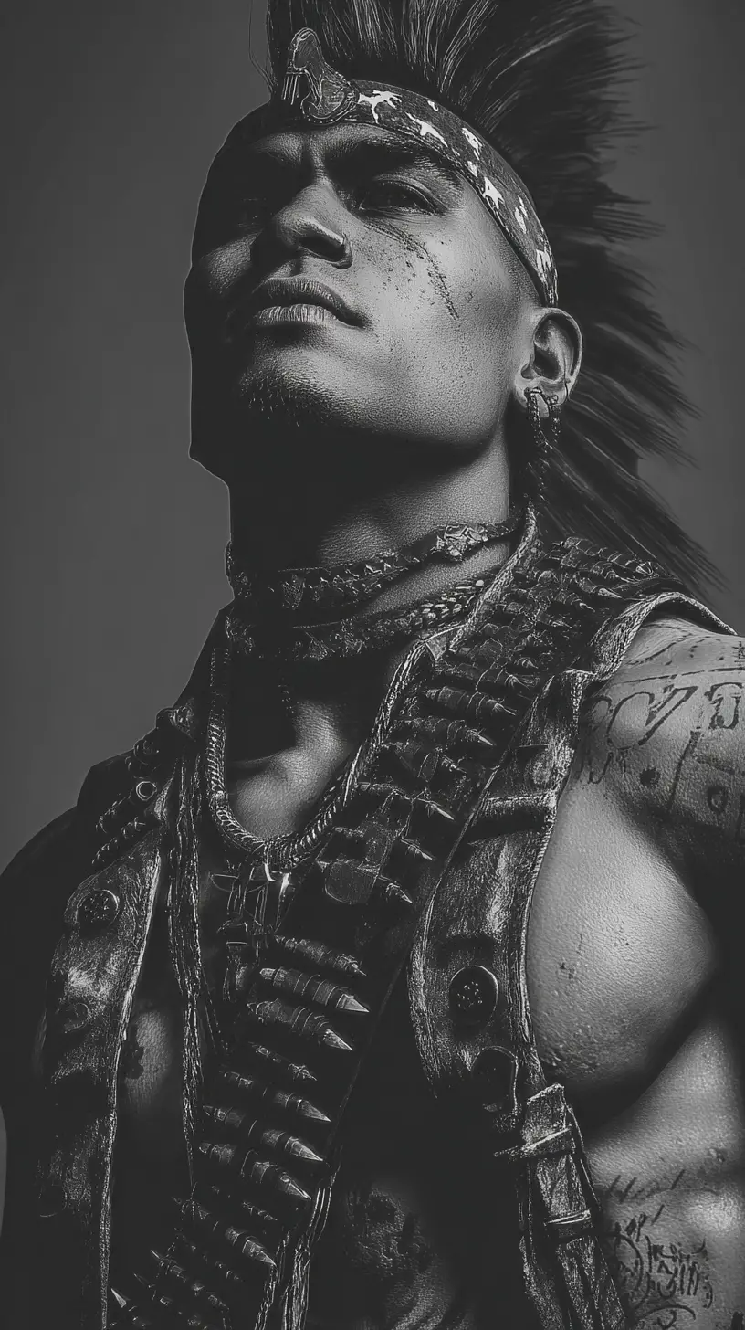 Proud muscular Apache warrior in bold monochrome punk noir