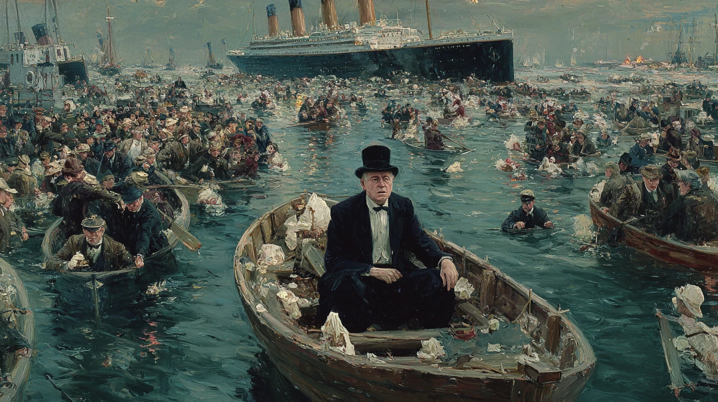 Crowded Lifeboats Watch A Great Ocean Liner Sink