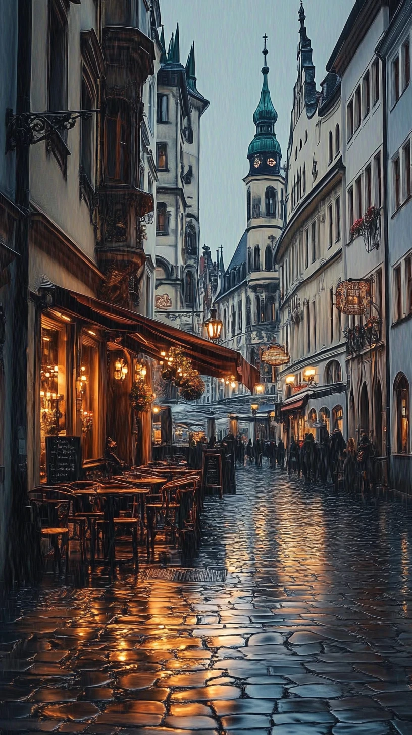 Boulevard de Munique encharcado de chuva com cafés iluminados à noite