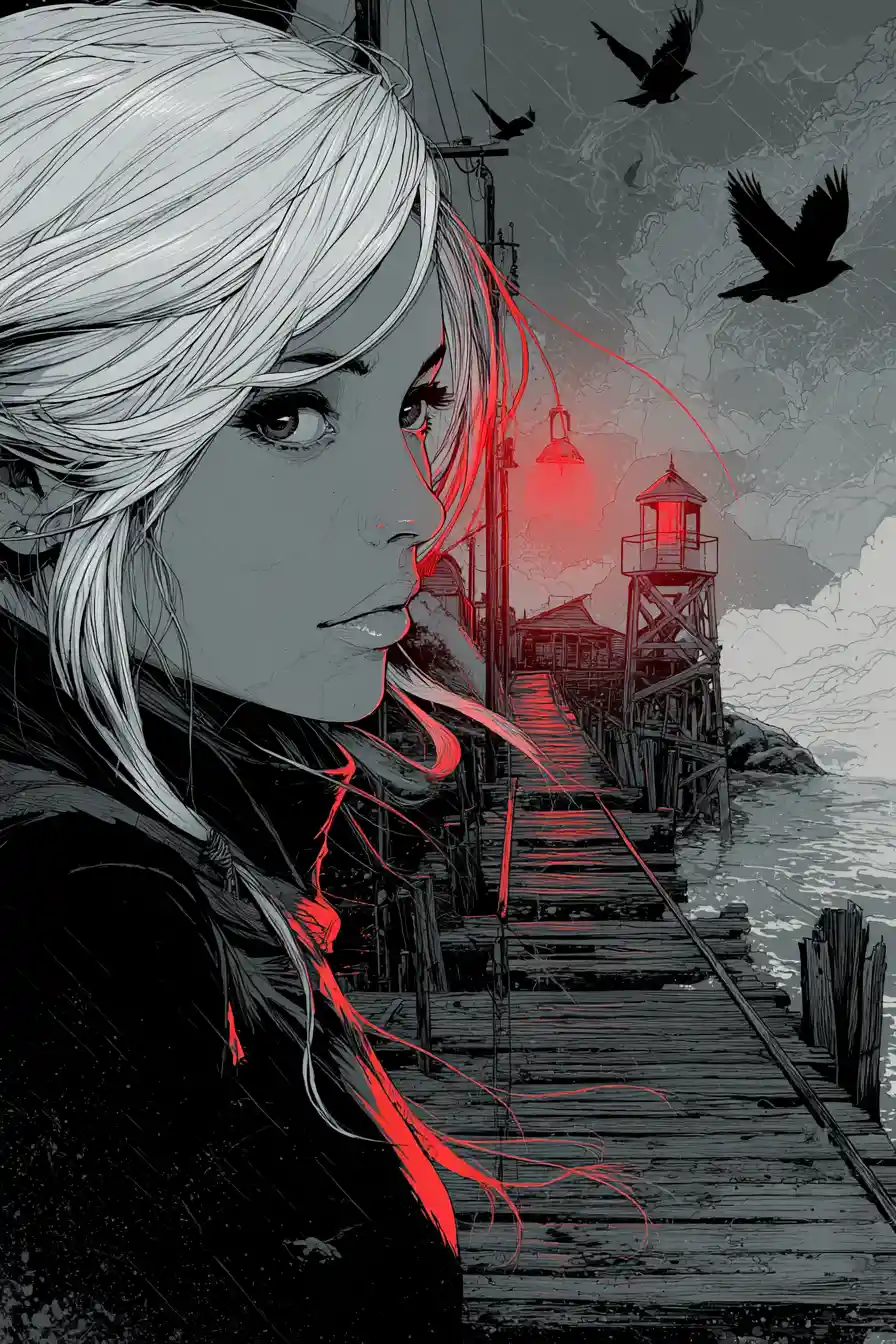 White haired woman on a decaying pier under red streetlight