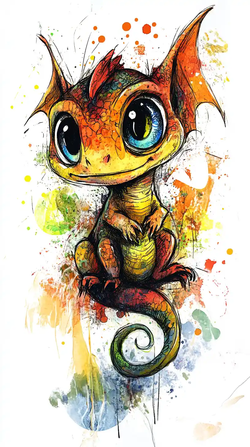 Cute baby dragon with big glossy eyes in ink and watercolor