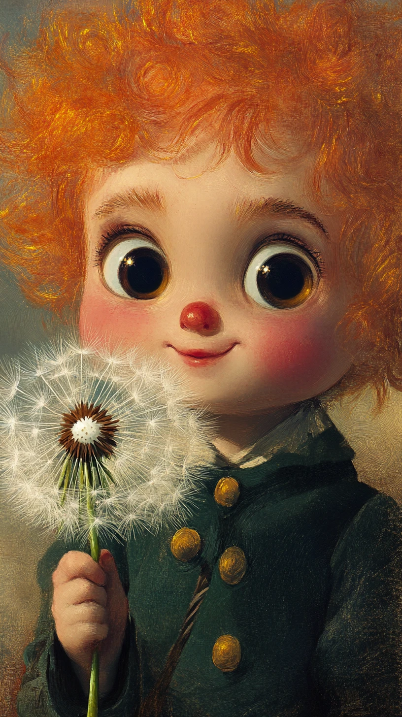 Joyful red haired fantasy character with glowing dandelion
