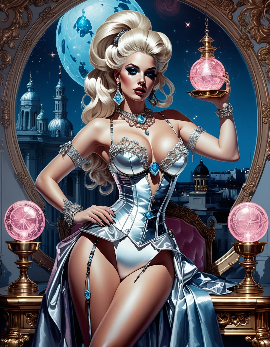 Pin-up dea al neon in sontuosa moda fantasy barocca